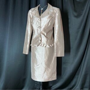 Vintage Leslie Fay Skirt Suit Set Sz 10 Jacket Coat w Ruffle Gold Champagne EUC!